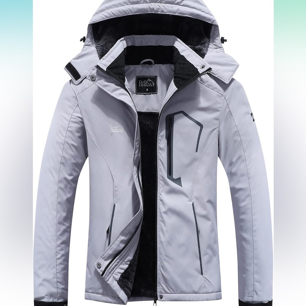 Pooluly Ski Jacket Warm Waterproof Windbreaker Hooded Raincoat Snowboarding
